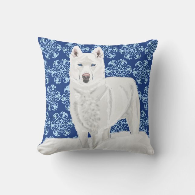 White Husky tegen sneeuwvlokken en donkerblauwe he Kussen (Voorkant)