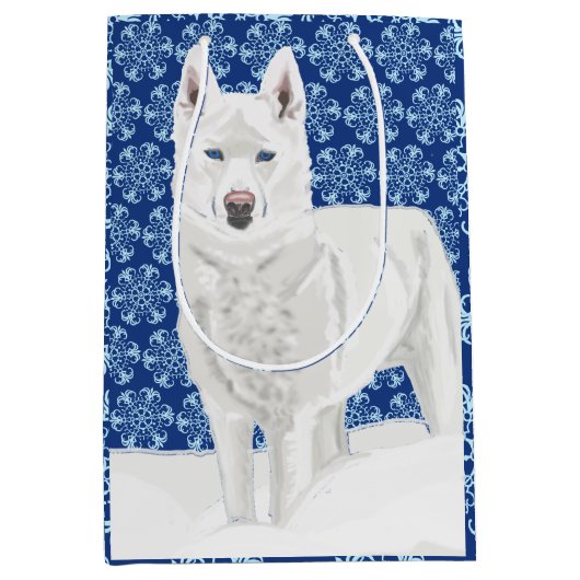 White Husky tegen sneeuwvlokken en donkerblauwe he Medium Cadeauzakje (Voorkant)