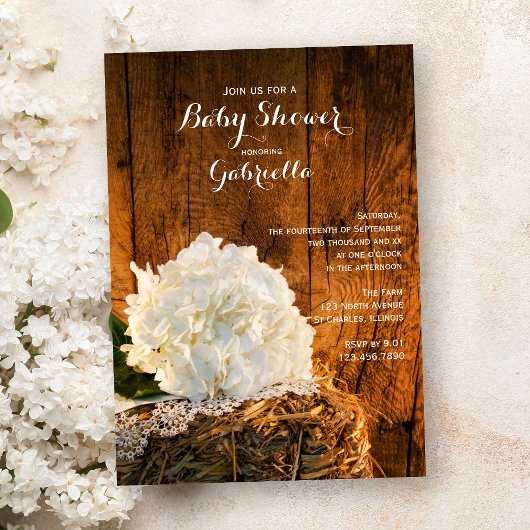 White Hydrangea and Barn Wood Country Baby shower Kaart
