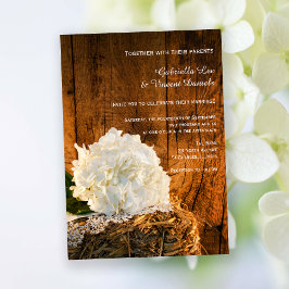 White Hydrangea and Barn Wood Country Wedding Kaart