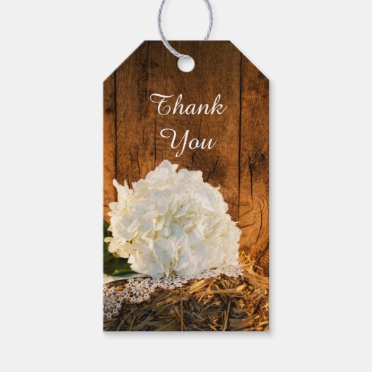 White Hydrangea and Barn Wood Wedding Favor Labels Cadeaulabel (Voorkant)