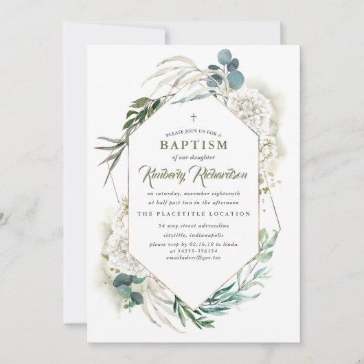 White Hydrangea and Greenery Baptism Invitation Kaart (Voorkant)