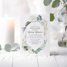 White Hydrangea and Greenery Baptism Invitation Kaart