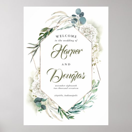 White Hydrangea and Greenery Wedding Welcome Sign Poster (Voorkant)