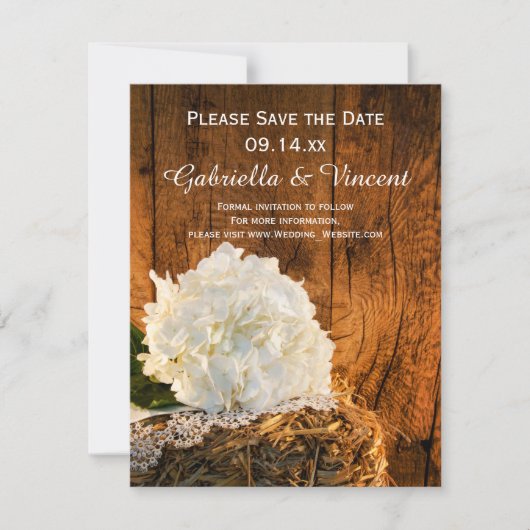 White Hydrangea Barn Wood Wedding Save the Date (Voorkant)