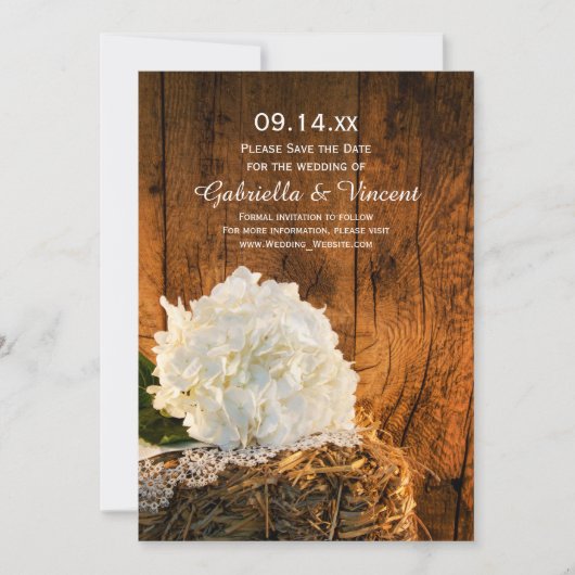 White Hydrangea Barn Wood Wedding Save the Date (Voorkant)