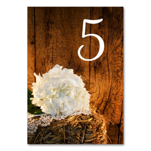 White Hydrangea Barn Wood Wedding Table Numbers Kaart (Achterkant)