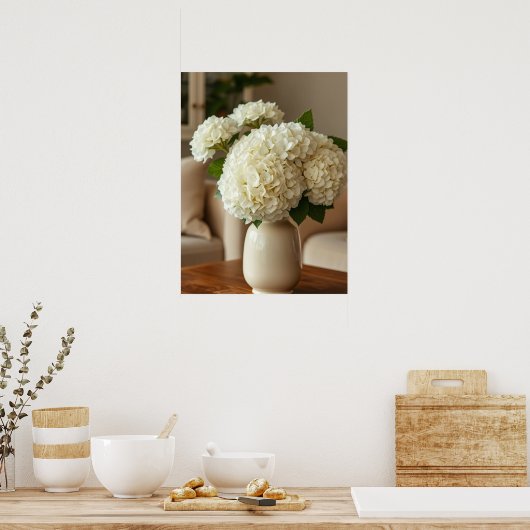 White Hydrangea Bouquet in Vase – Elegant Floral Poster (Keuken)