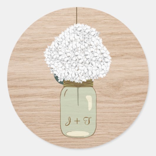 White Hydrangea & Country Mason Jar Vrijgezellenfe Ronde Sticker (Voorkant)