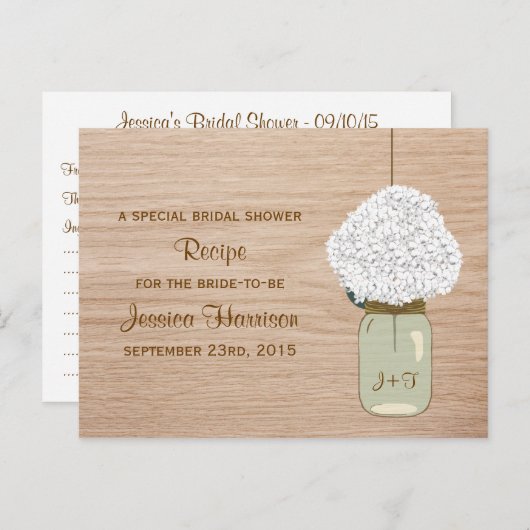 White Hydrangea & Country Mason Jar Vrijgezellenfe Uitnodiging Briefkaart (Voorkant / Achterkant)