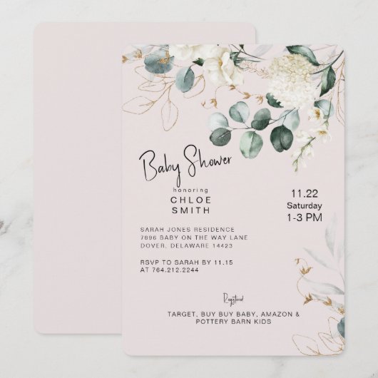 White Hydrangea Eucalyptus Blush Baby shower Kaart (Voorkant / Achterkant)