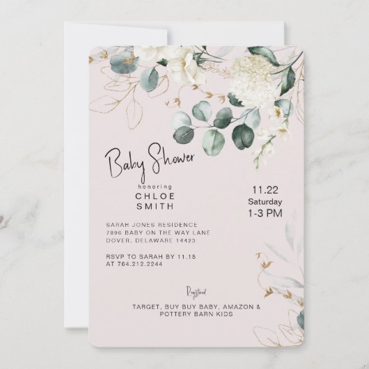 White Hydrangea Eucalyptus Blush Baby shower Kaart (Voorkant)