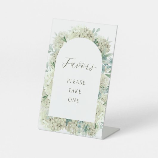 White Hydrangea Favors Reclamebord Met Voetstuk (Voorkant)