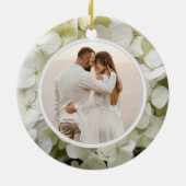 White Hydrangea First kerstfoto Keramisch Ornament (Achterkant)