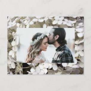 White Hydrangea Floral Just Married Foto Aankondigingskaart
