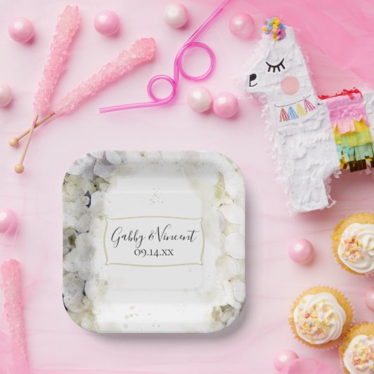 White Hydrangea Floral Waterverf Wedding Papieren Bordje (Feest)