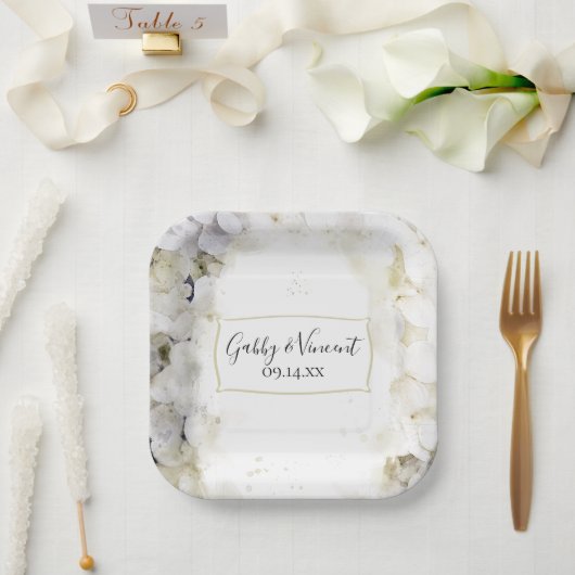 White Hydrangea Floral Waterverf Wedding Papieren Bordje (Huwelijk)
