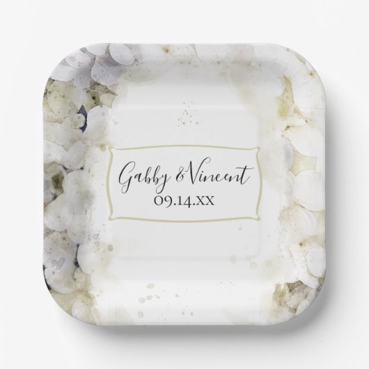 White Hydrangea Floral Waterverf Wedding Papieren Bordje (Voorkant)