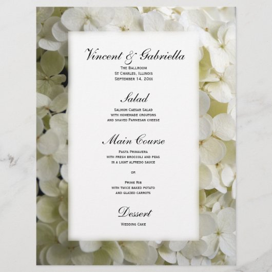 White Hydrangea Flower Wedding Menu (Voorkant)