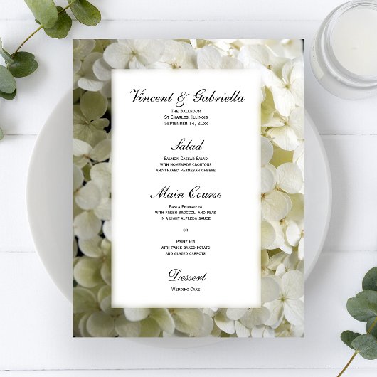 White Hydrangea Flower Wedding Menu