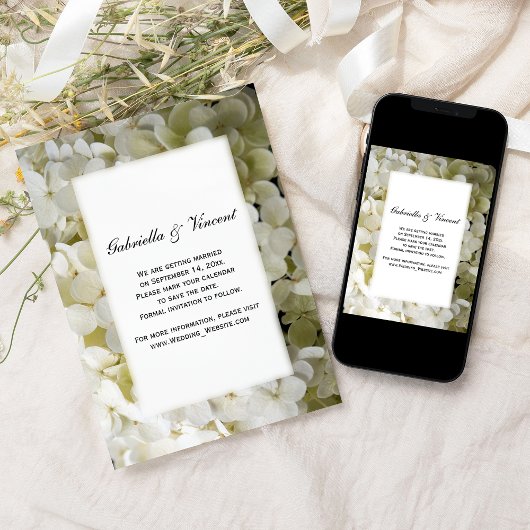 White Hydrangea Flower Wedding Save the Date Kaart