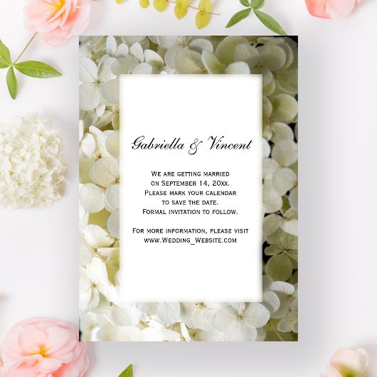 White Hydrangea Flower Wedding Save the Date Kaart