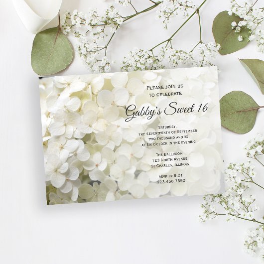 White Hydrangea Flowers Sweet 16 Birthday Party Kaart
