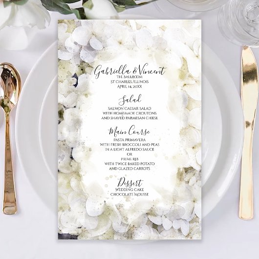 White Hydrangea Flowers Waterverf Wedding Menu