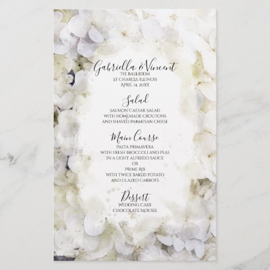 White Hydrangea Flowers Waterverf Wedding Menu (Voorkant)