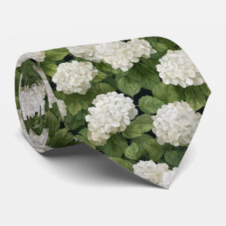 White Hydrangea Flowers with Green Leaves Pattern Stropdas