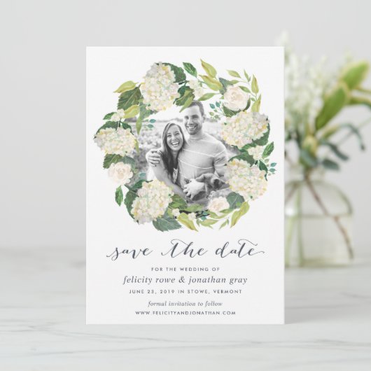 White Hydrangea | Foto Save the Date Kaart (Staand voorkant)