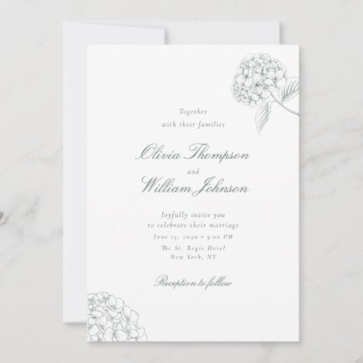 White Hydrangea Green Wedding Invitation Kaart (Voorkant)