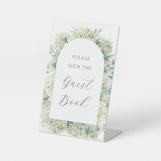 White Hydrangea Guest Book Reclamebord Met Voetstuk (Voorkant)