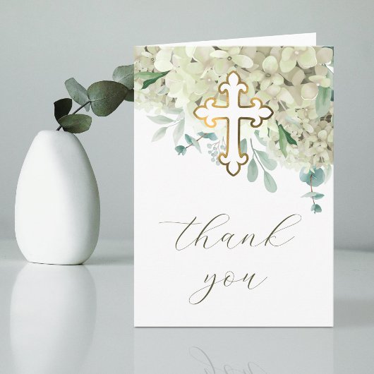 White Hydrangea Holy Cross Religious Thank You Kaart