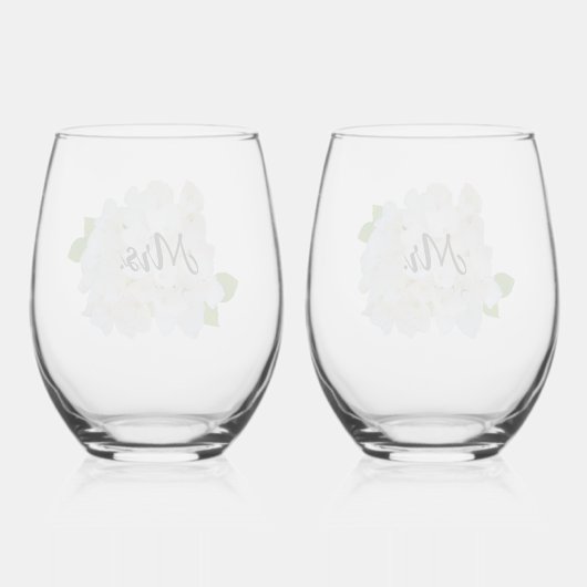 White Hydrangea Mr en Mrs Stemless wijnglas Wijnglas Zonder Voet (Achterkant)