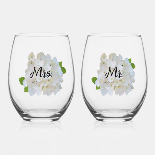 White Hydrangea Mr en Mrs Stemless wijnglas Wijnglas Zonder Voet (Voorkant)