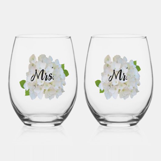 White Hydrangea Mr en Mrs Stemless wijnglas Zonder Voet (Voorkant)