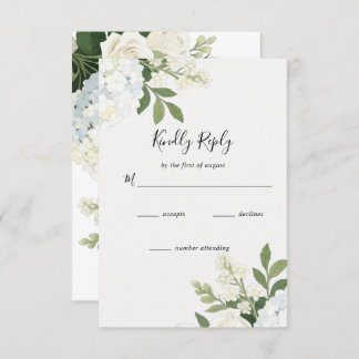 White Hydrangea Rose Elegant Wedding RSVP Kaartje
