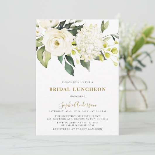 White Hydrangea Rozen BRIDAL LUNCHEON Kaart (Staand voorkant)
