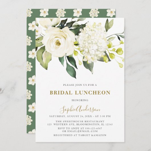 White Hydrangea Rozen BRIDAL LUNCHEON Kaart (Voorkant / Achterkant)