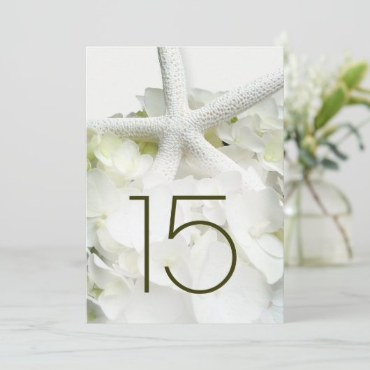 White Hydrangea Starfish Floral Table Number Kaart (Staand voorkant)