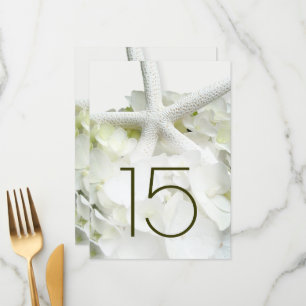 White Hydrangea Starfish Floral Table Number Kaart