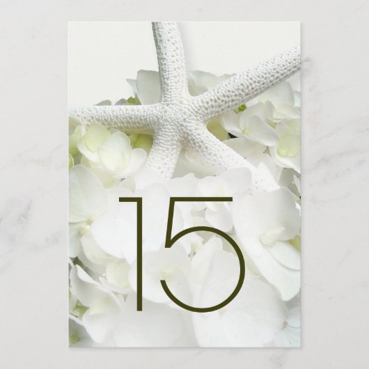White Hydrangea Starfish Floral Table Number Kaart (Voorkant)