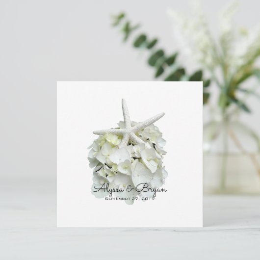 White Hydrangea Starfish Wedding Invitting Kaart (Staand voorkant)