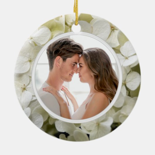 White Hydrangea Verloving Photo Keramisch Ornament (Achterkant)