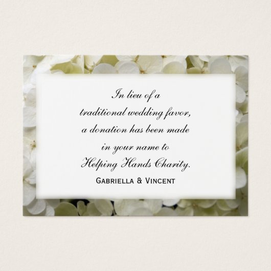 White Hydrangea Wedding Charity Favors Visitekaartjes (Voorkant)