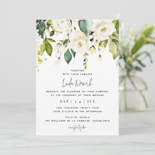 White Hydrangea Wedding Invitation Kaart (Staand voorkant)