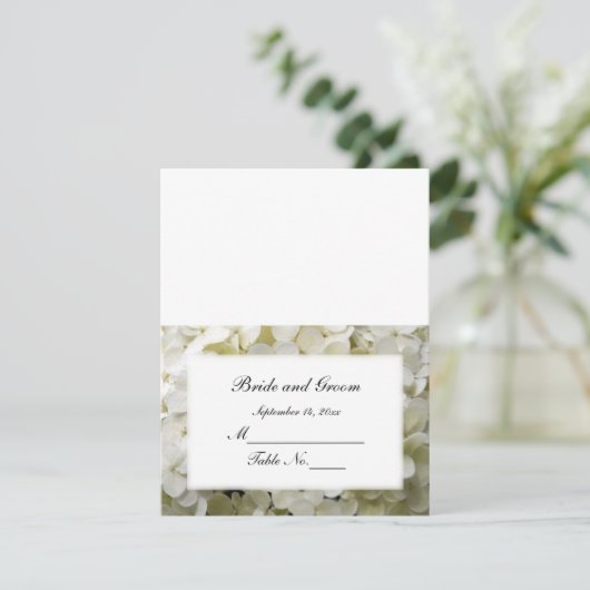 White Hydrangea Wedding Reception Place Card RSVP Kaartje (Staand voorkant)