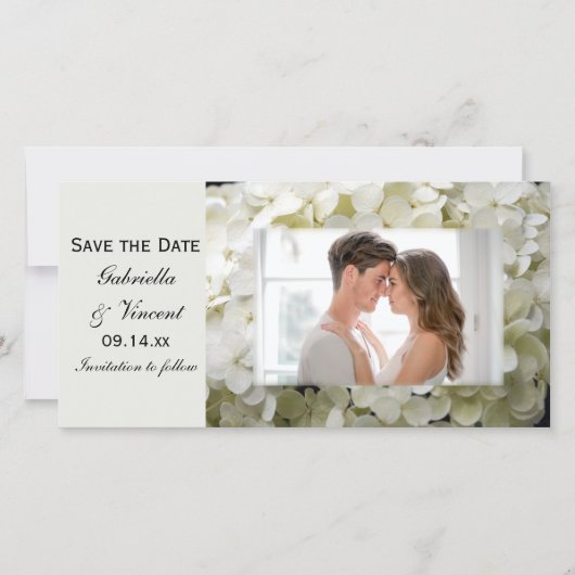 White Hydrangea Wedding Save the Date Photo Card (Voorkant)
