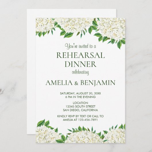 White Hydrangeas Elegant Wedding Rehearsal Dinner Kaart (Voorkant / Achterkant)